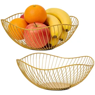 Bofanze 2 Stück Obstkorb Metall Obstschale Gold Draht Obstkorb Hohler obstkorbs Früchtekorb Obstkorbs Rund aus Eisen Obstschale Gold Modern für Obst,Brot,Gemüse und andere Lebensmittel