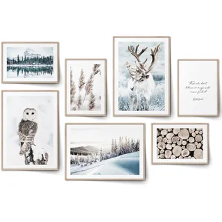 BLCKART Magic Winter Poster Set Beige Blau Schlafzimmer Deko Schnee Bilder Rentier Wanddeko Eule Wohnzimmer Modern