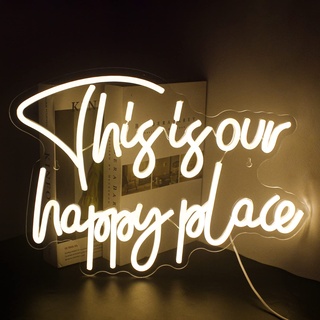 Looklight This is Our Happy Place Neonschilder für Wanddekoration Warmweißes LED-Neonschild USB Hochzeit Schilder Zimmer Neon Signs für Schlafzimmer Kinderzimmer Shop Geburtstag Party