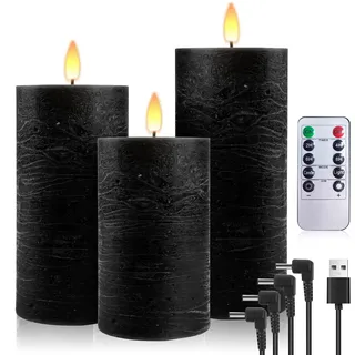 PinnWaa Wiederaufladbare Led Kerzen, [3 Stück] Aufladbar Kerzen Kerzenhalter mit 10-Tasten Fernbedienung Timer, Realistisch Flammenlose Echtes Wachs Flackern Wick Yellow Light Pillar Candles - Schwarz