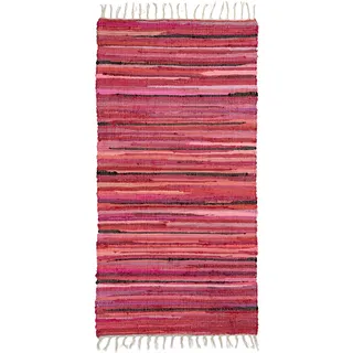 Relaxdays Flickenteppich 70 x 140 cm mit Fransen aus Polyester und Baumwolle, mehrfarbig, Fleckerlteppich, rot