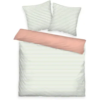 Herding TOM TAILOR Perkal-Bettwäsche, 2*80x80 + 200x220 cm, 100% Baumwolle/Perkal, Wendemotiv, farbige Paspel am Kissen und Reißverschluss, STRIPES WITH A KICK Hellgrün, Pfirsich (Green Leaf & Juicy Peach)