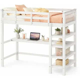 Stilvora Hochbett 90/200 cm in Weiß Kinderbett mit Schreibtisch und Ablagefächern im minimalistischen Design , Holz , 90x200 cm , Babymöbel & Kindermöbel, Kinderzimmer & Jugendzimmer, Kinderbetten, Hochbetten