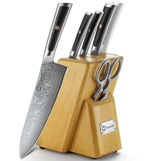 Sunnecko 6tlg Damastmesser Messerblock mit Messer - Messer Set mit Block Damaststahl Klinge Ergonomischer Griff, Messerset mit Küchenschere Messerhalter