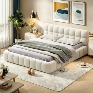 Polsterbett 140 x 200 cm, Jugendbett, Doppelbett mit weicher Rückenlehne und gepolstertem Rand, Lattenrost aus beigefarbenem Leinen (Matratze nicht im Lieferumfang enthalten) - Beige