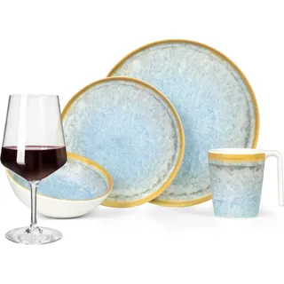 Melamin Camping Geschirr Set 4 Personen Crystal Blue + 4 Milano Rotwein Gläser Rot Weingläser Tafelgeschirr Picknick BBQ Kochgeschirr - Blau, Rot
