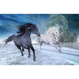 Papermoon Fototapete »PFERDE-NATUR MOND TIERE PONY BÄUME PFERD WANDBILD DEKO«, bunt