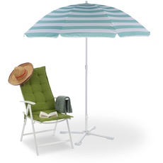 Relaxdays Sonnenschirm, Ø 160 cm, höhenverstellbar, knickbar, Strandschirm mit Tasche, Polyester, Stahl, weiß/türkis