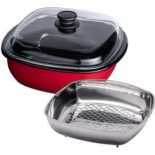 Generisch Riess, 0114-020, Dampfgarer 3-teilig mit Glasdeckel und Gareinsatz 28/28 4,50 L, Classic - Color ROT, 28 x 28 cm, Höhe 17 cm, Inhalt 10 Liter, Emaille, rot/schwarz, Induktion