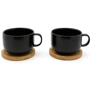 Bredemeijer 2-teilige Schwarze Keramik Teetassen mit Henkel & Holz-Untersetzer - 250 ml Teebecher aus Steingut
