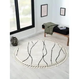 Myflair Moroccan Handwrite Fransenteppich 140 x 140 cm Schwarz/Weiß