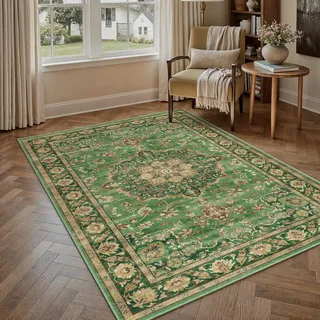 PureCozy Waschbarer Teppich Wohnzimmer 120x170cm Vintage Tepich for Living Room kurzflor rutschfest Weich Böhmischen Retro Grün Gold Carpet für Küchen Schlafzimmer Esszimmer Bedroom