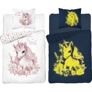 Im Dunkeln leuchtendes Bettwäscheset 140x200 Einhorn in Blumen - Rosa