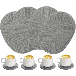 4 Stück ovale gewebte Platzsets, 30,5 x 40,6 cm, gewebte Baumwoll-Tischsets mit 4 runden Stoffuntersetzern, hitzebeständig, rutschfest, für Esstisch, Küchentisch, Grau