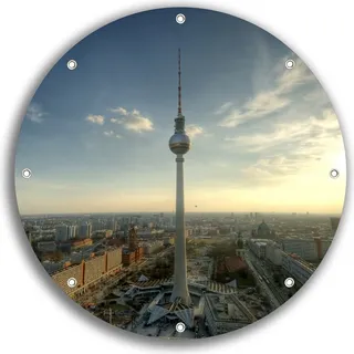 Wallario rundes Outdoor-Poster für Garten oder Balkon, Motiv Fernsehturm Berlin mit Panoramablick über die Stadt, 30 cm Durchmesser - Blau