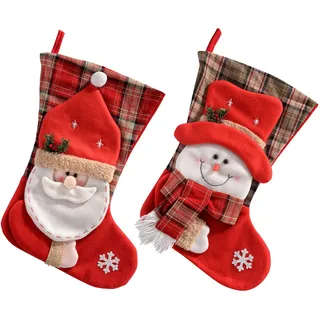 WeRChristmas Tartan Santa und Schneemann Weihnachtsstrumpf Dekoration, Stoff, Mehrfarbig, 53 cm, Set von 2