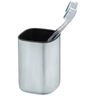 WENKO Zahnputzbecher Alassio, Zahnbürstenhalter für Bad und Gäste-WC, Becher für Zahnbürste, Zahnpasta, etc. aus hochwertigem, satiniertem Edelstahl, innen Schwarz, 7,8 x 11,5 x 7,8 cm, Silber matt