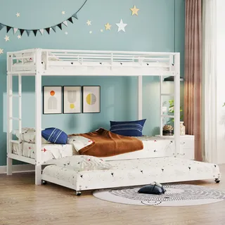 Flieks Etagenbett 90x200cm mit Ausziehbett, Metallbett Kinderbett mit Lattebrost und Rausfallschutz, Hochbett Stockbett Einzelbett, Weiß - Weiß