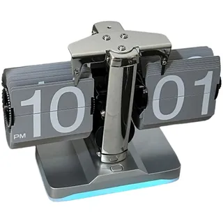 Aymzbd Flip Down Uhr Vintage Seitenumblätteruhr Automatische Mechanische Digital Flip Tischuhr mit Nachtlicht Aus Edelstahl Und PP für Büro Wohnzimmer Hotel, Silber und Grau