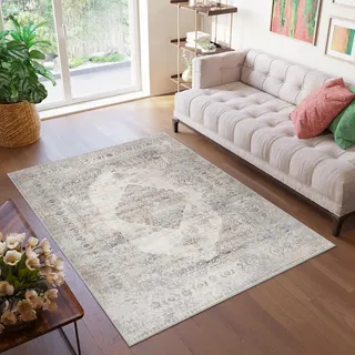 TAPISO Valley Teppich Kurzflor Grau Hellgrau Vintage Ornament 140 x 200 cm | Rahmen Rosette Used Effekt Wohnzimmer Schlafzimmer OEKO-TEX