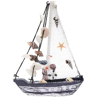 Holz-Segelboot-Modell Boot Deko Dekorationen Nautische Maritime Anker Muschel Nautische perfekt für Strand Meer Urlaubsdeko Holz Segelboote Modell mit Fischernetz