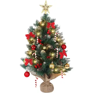 Weihnachtsbaum mit Beleuchtung 60cm,Künstliche Weihnachtsbäume Geschmückt,Mini Christbaum,Tannenbaum Lichterkette Deko mit Weihnachtskugel Tannenzapfen Christbaumspitze Weihnachtsdeko (B)