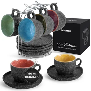 MIAMIO - 190 ml stapelbare Cappuccinotassen aus Keramik mit Untertassen und Metallständer - 6er Tassen aus Steingut für Kaffee, Americano, Latte, Café Mocha und Tee - Las Palmitas Collection