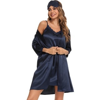 Doaraha Morgenmantel Damen Leicht Satin mit Schlafmaske Nachthemd Sexy Zweiteilig mit Spitze Kimono Robe Kurz (Dunkelblau, L)