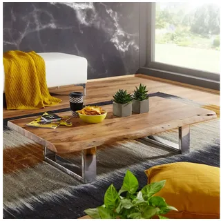 FineBuy Couchtisch Akazie Massiv 115cm rechteckig Wohnzimmertisch Baumkante Kufengestell