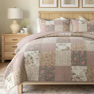 SLPR Secret Garden Patchwork-Bettwäsche-Set aus Baumwolle – Doppelbett mit 1 Kissenbezug, Landhaus-Bettwäsche, Shabby-Chic-Bettwäsche, Blumenmuster, rosa Blumenmuster, Gesteppte Tagesdecke für alle