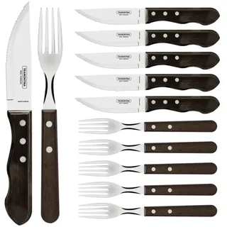 Tramontina Jumbo Steakbesteck,12 teiliges Set, rostfreier Edelstahl, Holzgriff FSC, spülmaschinenfest, für 6 Personen, scharfer Wellenschliff