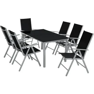 tectake Sitzgruppe aus Aluminium Ercolano, Tisch mit Sicherheitsglasplatten und Ausgleichsschrauben, silber , Silberfarben , Kunststoff , Gartenmöbel, Gartengarnituren, Gartenmöbel-Sets