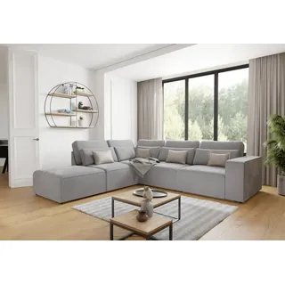 s-style möbel - Margarete - Modulare Ecksofa in Hellgrau Samt-Stoff mit Rücken und Lendenkissen, B/T/H: 305 cm / 281 cm / 90 cm, Ottomane links - Grau