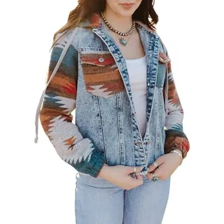 Jeans Jacken Für Damen,Damen Patchwork Jeansjacke In Abgeschnittener Form Distressed Hoodie Jeans Oberteile Maßgeschneiderter Stretch Trucker Lässige Oberbekleidung Kurzer Denim Mantel Mit Knöpfen S