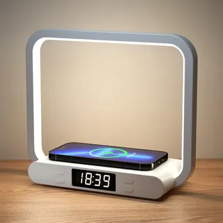 VOSFEEL Nachttischlampe mit ladefunktion, 4-in-1 Touch Dimmbar mit Uhr Nachtlicht, 15W Kabelloses Laden mit USB-Anschluss Tischlampe Für Schlafzimmer Wohnzimmer Büro (Adapter Inklusive)