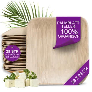 Waipur Bio Palmblatt Geschirr - 25 Stück eckig 23x23 cm - Premium Einwegteller kompostierbar - Umweltfreundliches Partygeschirr - ähnl. Einweg Bambus Teller