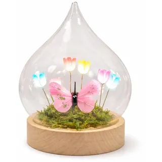 Kremers Schatzkiste LED Deko Tropfen Bunt Blumen Schmetterling Glaskugel mit Holzsockel & Timer 17cm - batteriebetriebene Frühlingsdeko für Tisch, Fensterbank & Geschenk