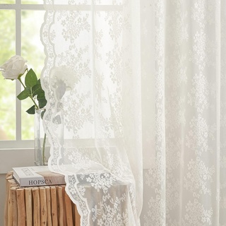 YJ YANJUN Vorhang Beige Modern 2er Set Vorhänge mit Blumen Kurz Transparent Vintage Gardinen Spitze Fenster Schal mit Ösen küchengardinen Schal für Schlafzimmer Kinderzimmer 140x145(B*H) cm Beige