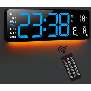 Fuloon 16" Große Wanduhr Digital, 8 Farben Digital Uhr Wanduhr mit Nachtlichtern, LED Digitaluhr mit Fernbedienung, Countdown, Datum, Temperatur für Wohnzimmer Büro Fitnessstudio