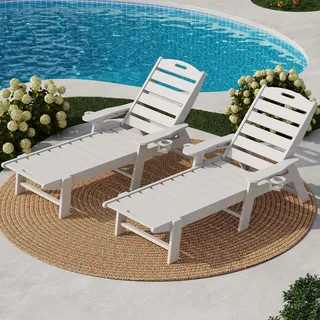GarveeHome Wetterfeste Gartenliege Aus HDPE, Sonnenliege Mit Verstellbarer Rückenlehne Und Getränkehalter, Lange Poolliege, Für Pool, Strand Und Garten, 150x60x98cm (1 Stück)