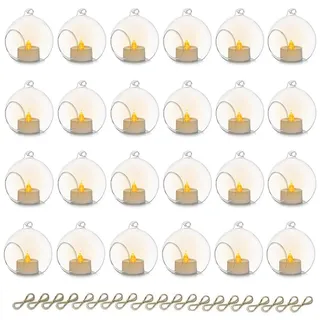 Sziqiqi Glaskugeln zum Aufhängen Teelichthalter Kerzenhalter: 8cm Hängende Teelichthalter Glas 24er Set mit LED für Teelichter - Windlicht Glas Vielseitig für Outdoor Hochzeit Party Weihnachten Decke
