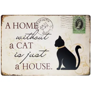 Hioni A Home Without A Cat Is Just A House, Schild aus Metall Panel Poster Metallplatte Slogan Art Décor Vintage PR Bar Kaffee Pub