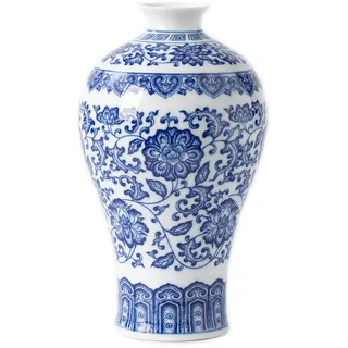Chinoiserie-Vase aus Keramik, Blau und Weiß, dekorative Vase für Zuhause, Büro, Tisch, Wohnzimmer, Bücherregal, Kaminsims, Tafelaufsätze, 22,9 cm, glänzende Blumenvase