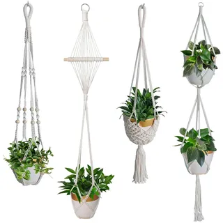 Myutrensty 4er Set Makramee Blumenampel, Baumwollseil Blumenampel Hängend Innen, Boho Deko Blumentopf Hängend für Garten Balkon Fenster Deko
