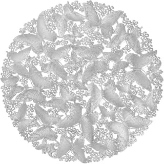 fanquare Runde Platzsets Set von 6 Elegante Silber Schmetterling Blumen PVC Platzsets Hitzebeständig Abwischbar Tischsets für Essen zu Hause 38CM