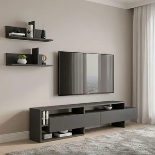 Dmora Wandregal Eudora 180x32x42h cm Schwarz, 2 Schubladen, 6 Einlegeböden