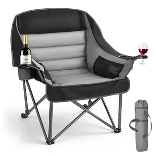VEVOR Campingstuhl (Übergroß) Faltstuhl 204 kg Belastbar, Anglerstuhl mit zwei Getränke- und Weinglashaltern, Klappstuhl für Outdoor-Aktivitäten Angeln Grillen, Schwarz & Grau, 1 Stk.