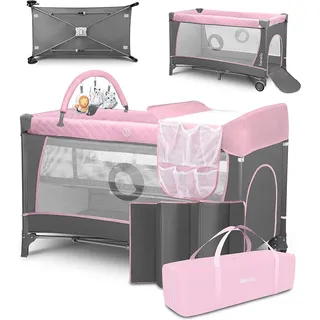 Flower 4in1 Reisebett Baby, Laufstall Baby mit Seiteneingang, Wickeltisch, Zwei Matratzenaufhängungshöhen, Spielzeugbogen mit Spielfiguren, Rollen, Tragetasche