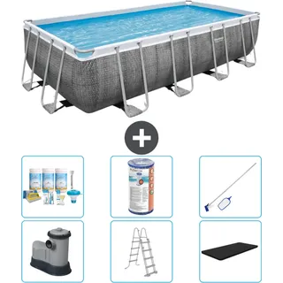 Bestway rechteckiges Power Steel-Schwimmbecken – Rattan-Druck – 549 x 274 x 122 – inklusive Pumpe – Leiter – Abdeckung Wartungspaket - Filter - Reinigungskit