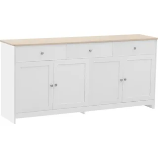 Sideboard - Anrichte/Kommode - 4 Türen - 3 Schubladen - Holz - Modern Minimalistisch - Wohnzimmer/Esszimmer - Selbstmontage - Weiß + Eiche